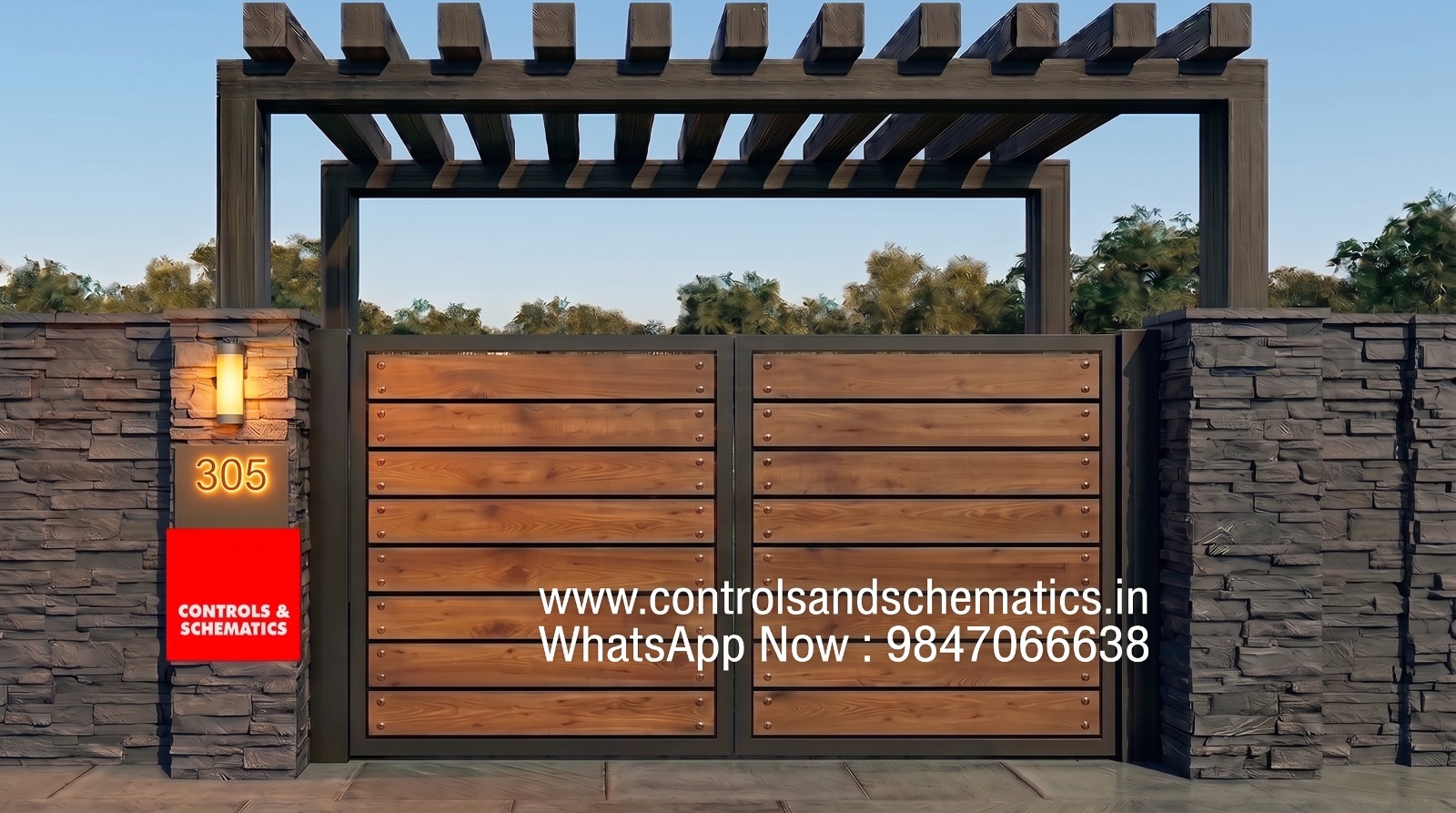 Wooden HPL sheet gate design for home in Trivandrum
